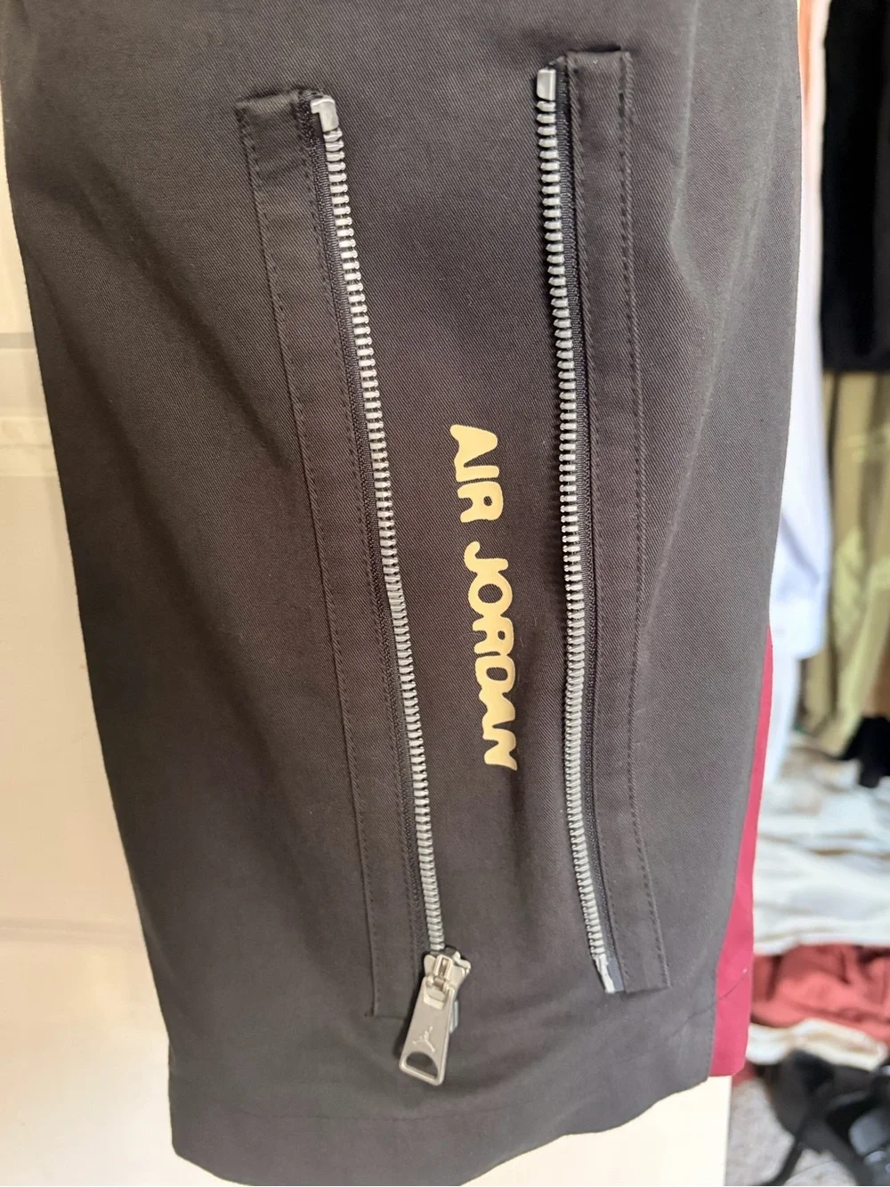 Jordan Dark Grey Baggy Pants with Burgundy Accents and Gold Graphics